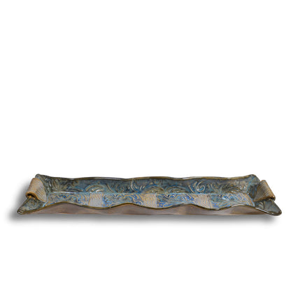 Terry Acker Pottery 14" Cracker Tray with Leaf Motif, Blue/Multi