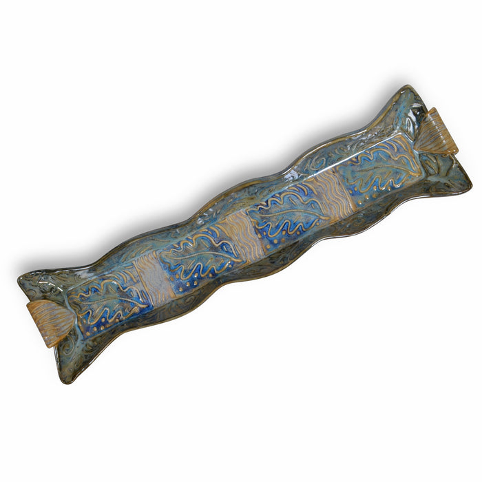 Terry Acker Pottery 14" Cracker Tray with Leaf Motif, Blue/Multi