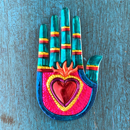 Tesoros Trading Company - Hand Heart Tin Ornament