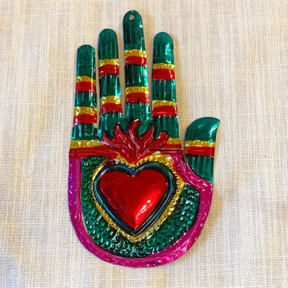 Tesoros Trading Company - Hand Heart Tin Ornament