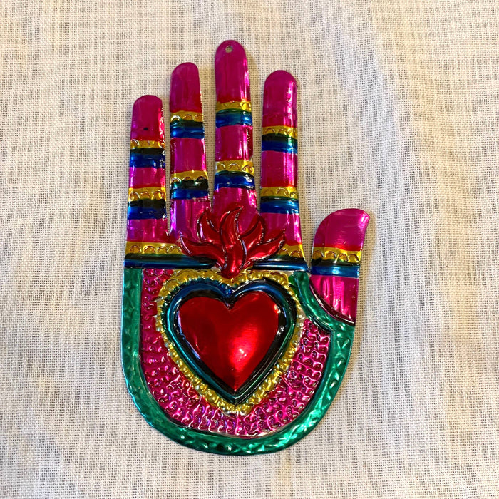 Tesoros Trading Company - Hand Heart Tin Ornament