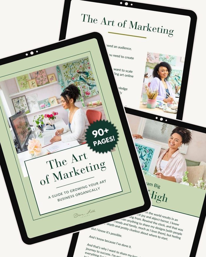 Tablets displaying 'The Art of Marketing' guide on a white background