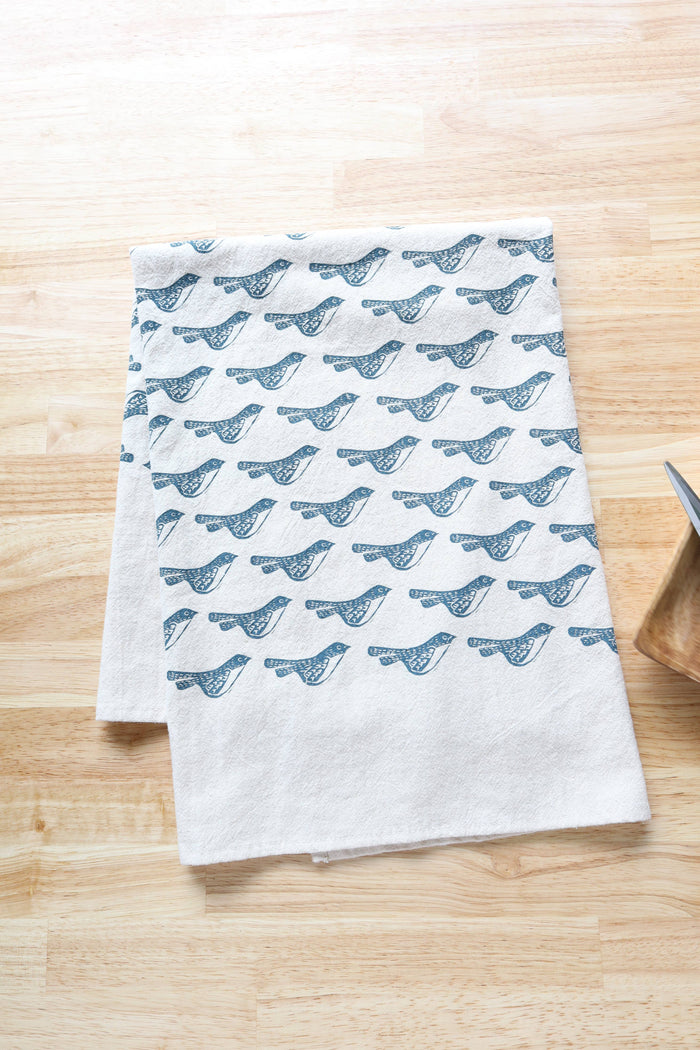 The High Fiber - Bird Kitchen Towel, Handprinted Bird Tea Towel: Black on Natural