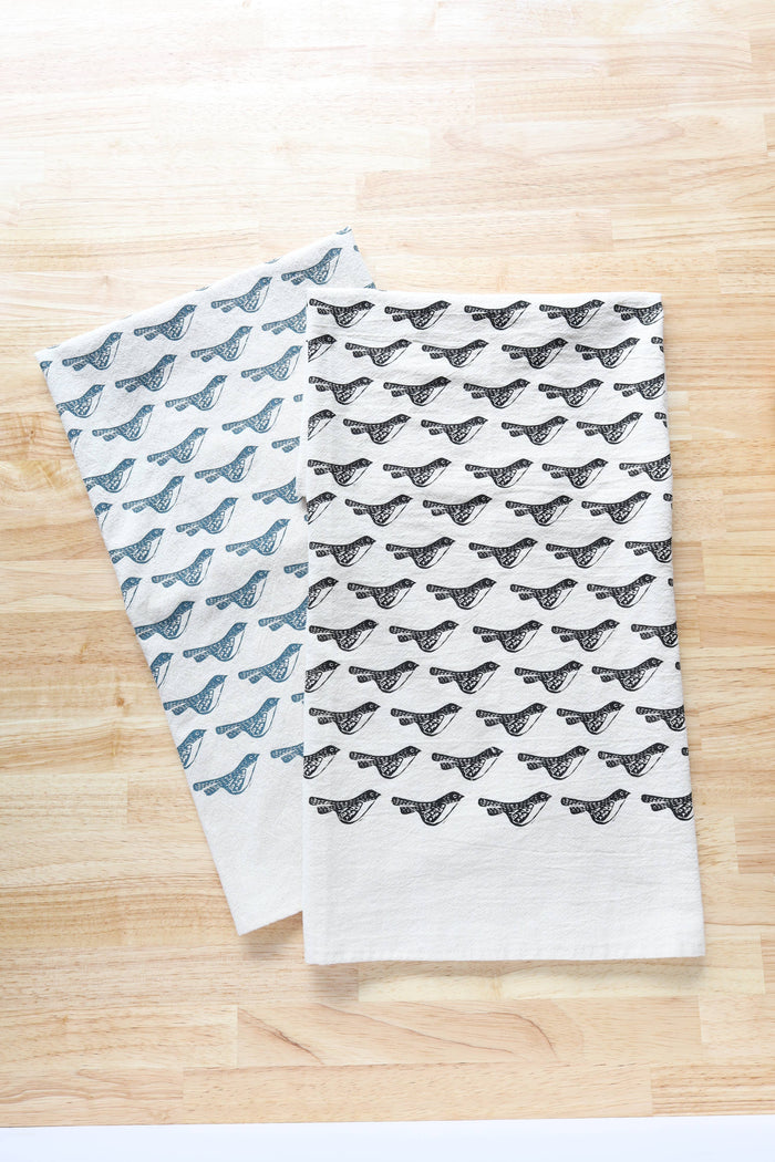 The High Fiber - Bird Kitchen Towel, Handprinted Bird Tea Towel: Black on Natural
