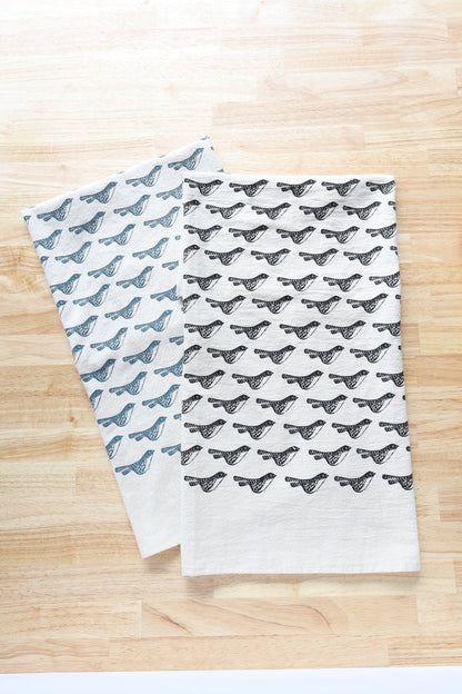 The High Fiber - Bird Kitchen Towel, Handprinted Bird Tea Towel: Black on Natural
