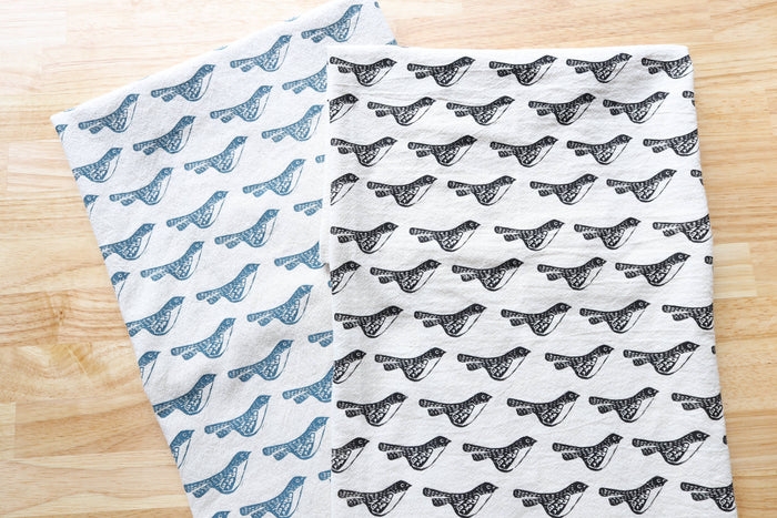The High Fiber - Bird Kitchen Towel, Handprinted Bird Tea Towel: Black on Natural
