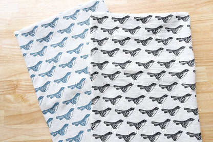 The High Fiber - Bird Kitchen Towel, Handprinted Bird Tea Towel: Black on Natural