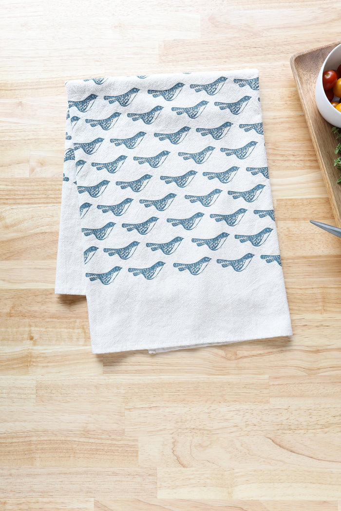 The High Fiber - Bird Kitchen Towel, Handprinted Bird Tea Towel: Black on Natural