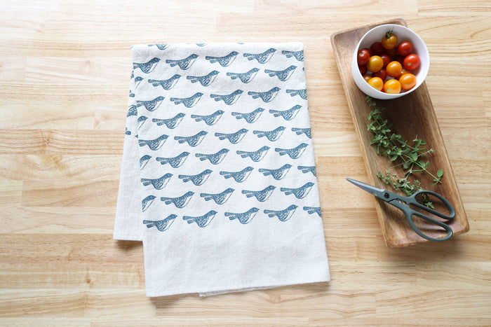 The High Fiber - Bird Kitchen Towel, Handprinted Bird Tea Towel: Black on Natural