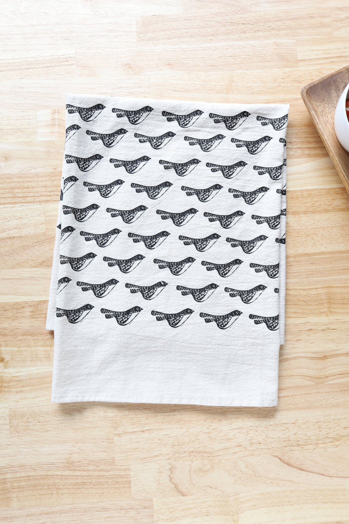 The High Fiber - Bird Kitchen Towel, Handprinted Bird Tea Towel: Black on Natural