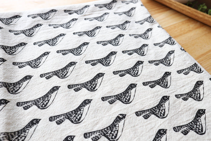 The High Fiber - Bird Kitchen Towel, Handprinted Bird Tea Towel: Black on Natural