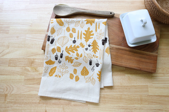 The High Fiber - *NEW* Autumn Leaves and Acorns Kitchen Towel, Handprinted