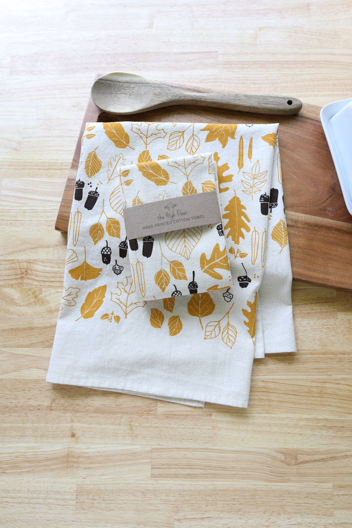 The High Fiber - *NEW* Autumn Leaves and Acorns Kitchen Towel, Handprinted