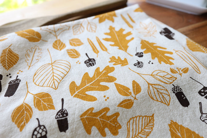 The High Fiber - *NEW* Autumn Leaves and Acorns Kitchen Towel, Handprinted