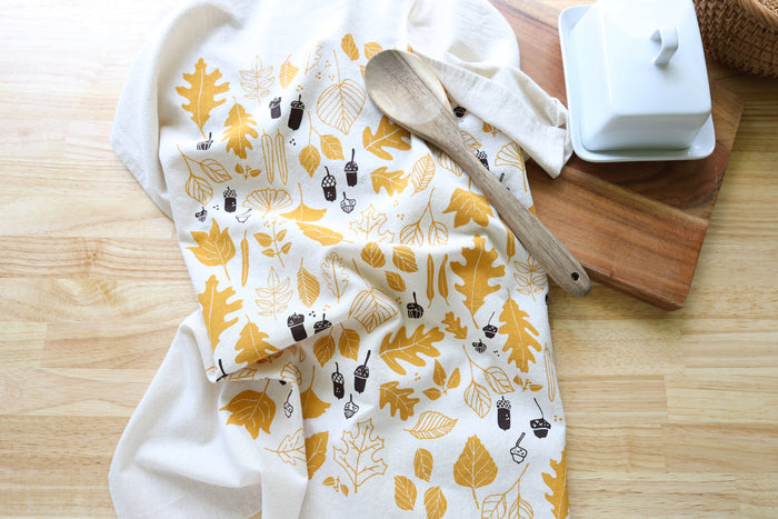 The High Fiber - *NEW* Autumn Leaves and Acorns Kitchen Towel, Handprinted