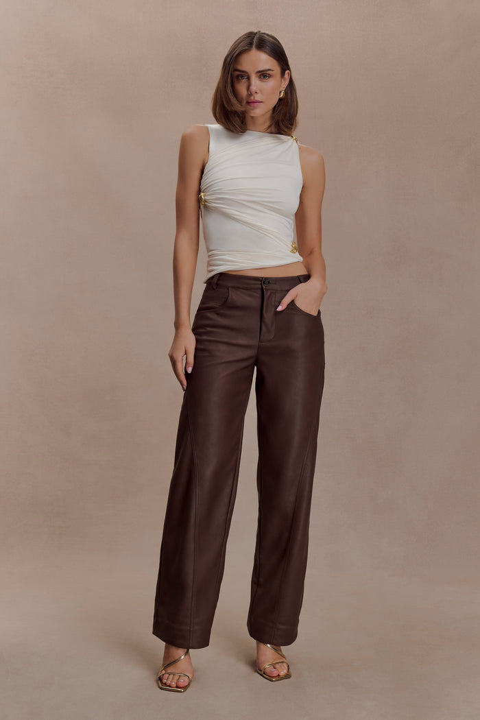 Theo Faux Leather Mid Rise Pants - Dark Chocolate