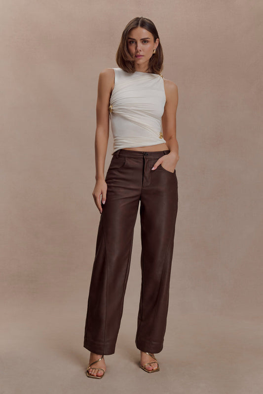 Theo Faux Leather Mid Rise Pants - Dark Chocolate