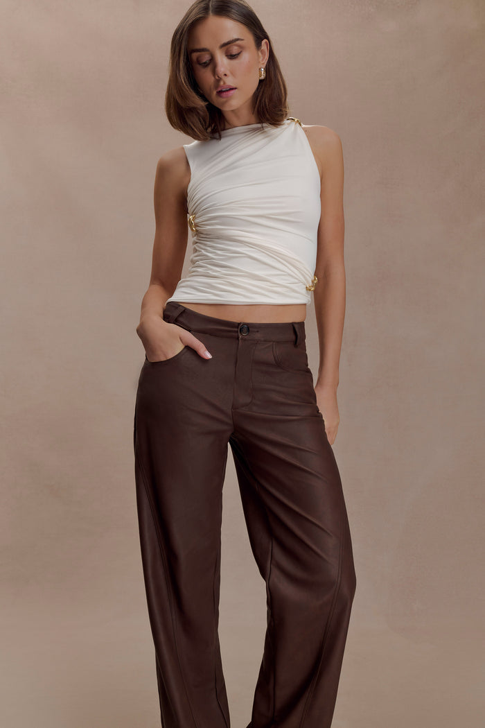 Theo Faux Leather Mid Rise Pants - Dark Chocolate