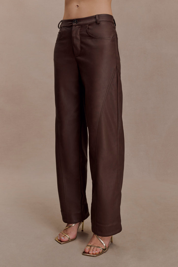 Theo Faux Leather Mid Rise Pants - Dark Chocolate