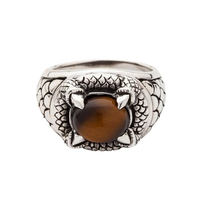 Tiger's eye claw ring front view showing a 14mm × 12mm tiger's eye cabochon in a four-claw 925 sterling silver dragon-scale setting.