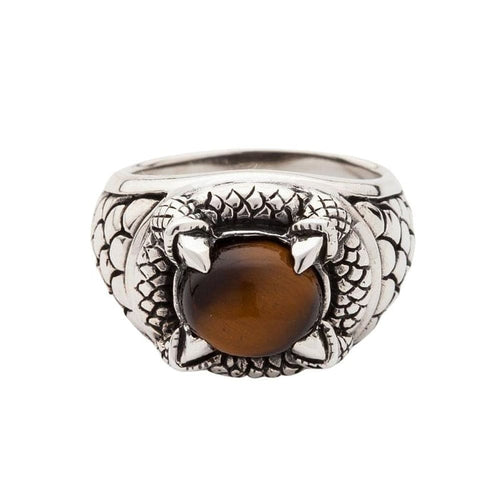 Tiger's eye claw ring front view showing a 14mm × 12mm tiger's eye cabochon in a four-claw 925 sterling silver dragon-scale setting.