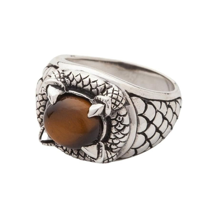 Men's handcrafted tiger's eye ring three-quarter view with oxidized sterling silver detailing