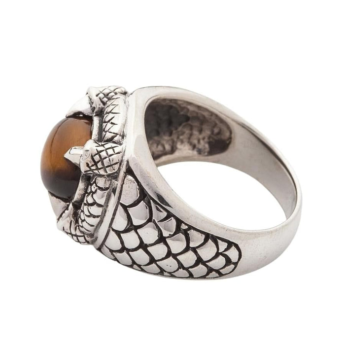 Sterling silver claw ring side profile showing dragon scale texture and gemstone setting