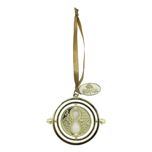 Gold time-turner ornament with a ribbon on a white background