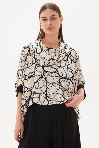 Tirelli 3221 Cowl Neck Contrast Top Cream Black Shapes - Dotique