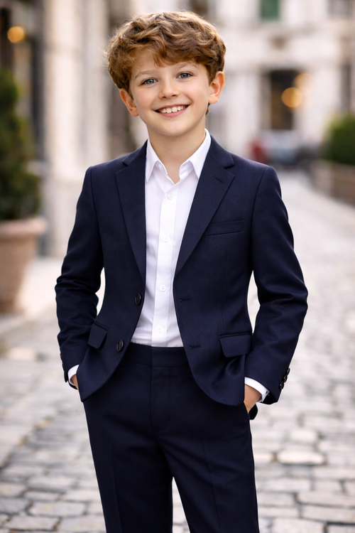 T.O. Boy's Fashion Soho Stretch Suit - Black on Navy Design