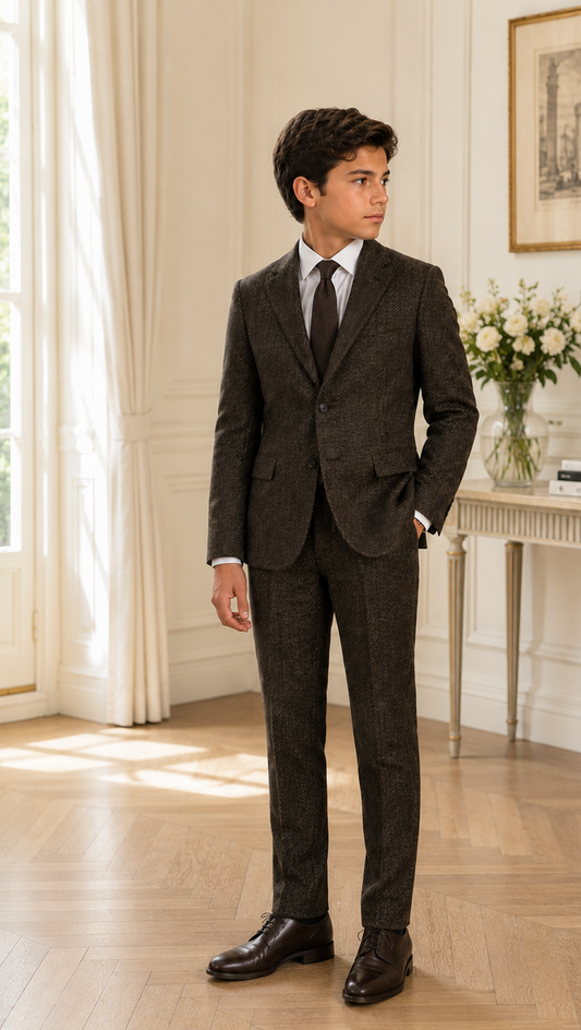 T.O. Boy's Fashion Soho Stretch Suit - Brown Herringbone