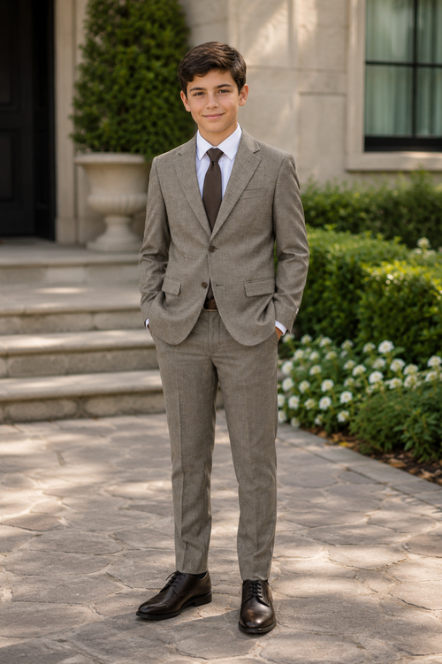 T.O. Boy's Fashion Soho Stretch Suit - Taupe Herringbone