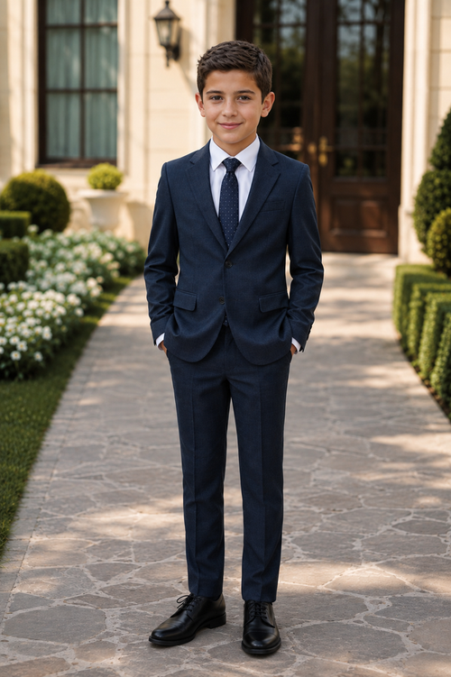T.O. Boy's Fashion Soho Stretch Suit -Navy Plaid