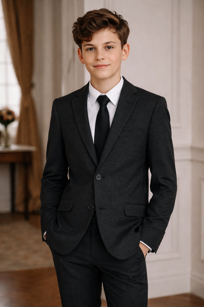T.O. Boy's Fashion Stretch Suit - Black herringbone