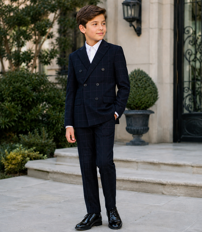 T.O. Boy's TR Fashion Checked Navy Double Breasted Suit