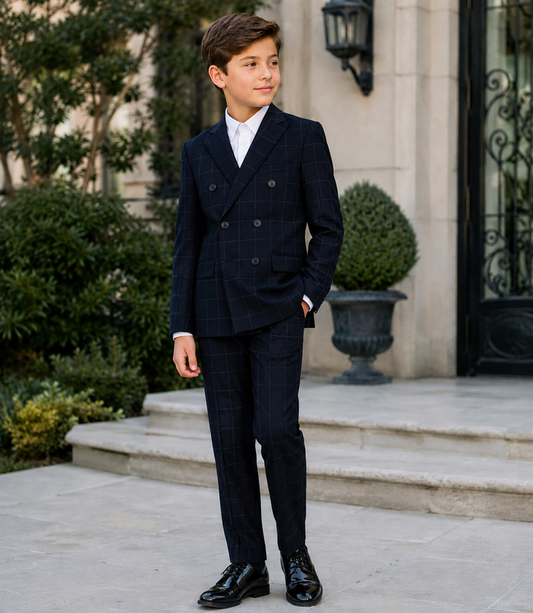 T.O. Boy's TR Fashion Checked Navy Double Breasted Suit