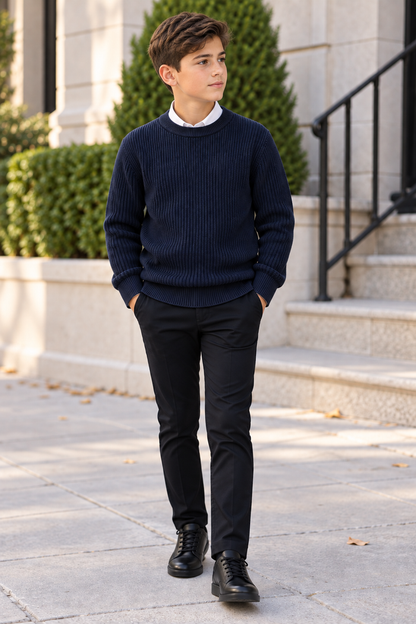 T.O. Collection Boys Crew Neck Ribbed Knit Sweater