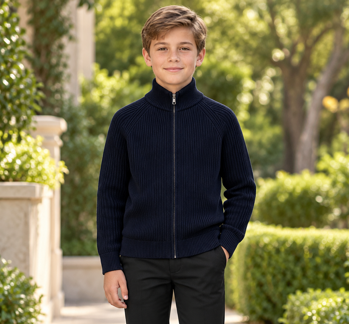 T.O. Collection Boys Full Zip Ribbed Knit Sweater