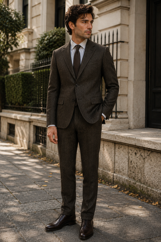 T.O. Men's Fashion Stretch Suit -  Brown Herringbone