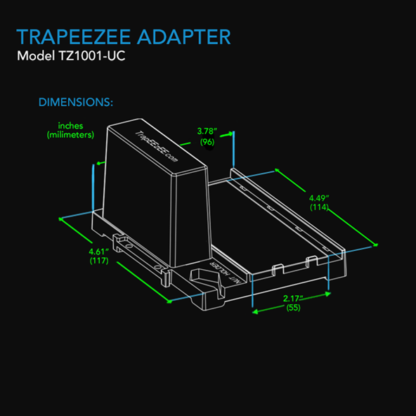 Diagram of Trapeezee adapter with dimensions labeled on a black background with dimension of snap trap size being equal to or smaller than 114 by 55 mm.