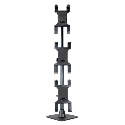 The Triple Slim-Grip® Tablet Holder Stand is a black vertical stand with four clamps on a square base, perfect for securing tablets at point of sale stations in restaurants using DoorDash, Uber Eats, or Grubhub.