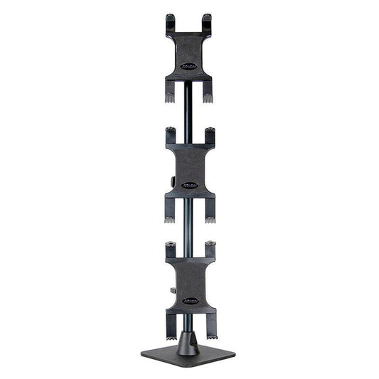 The Triple Slim-Grip® Tablet Holder Stand is a black vertical stand with four clamps on a square base, perfect for securing tablets at point of sale stations in restaurants using DoorDash, Uber Eats, or Grubhub.