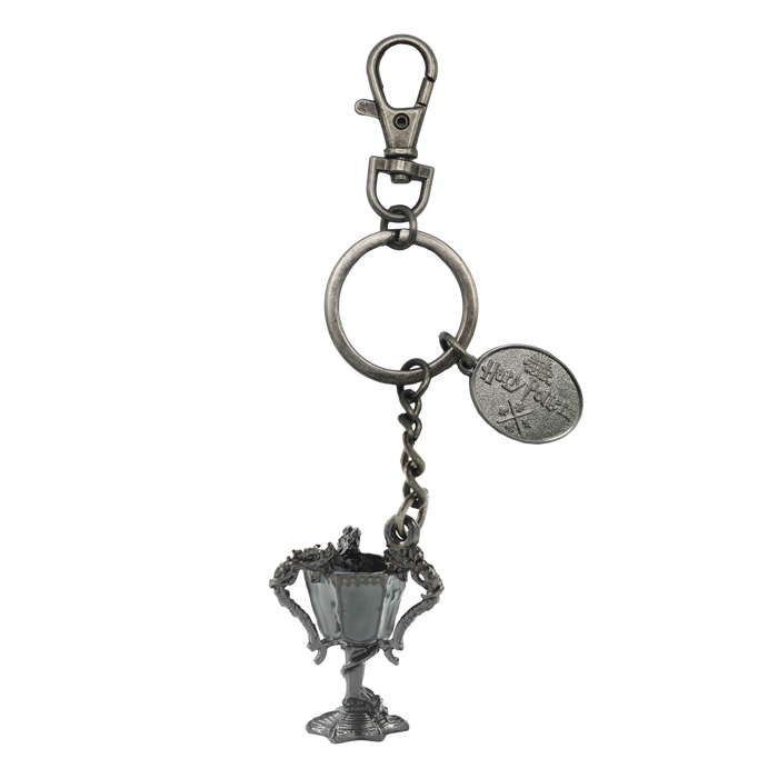 Silver trophy-shaped keychain with a tag on a white background