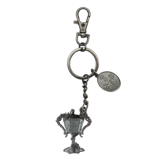 Silver trophy-shaped keychain with a tag on a white background