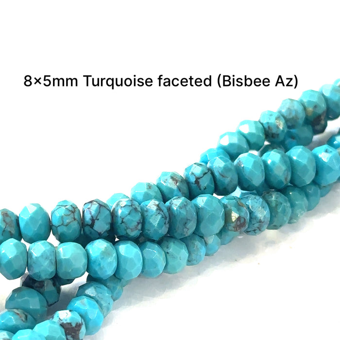 One 8x5mm Turquoise faceted roundels from Bisbee Az, 16'' gemstone strand
