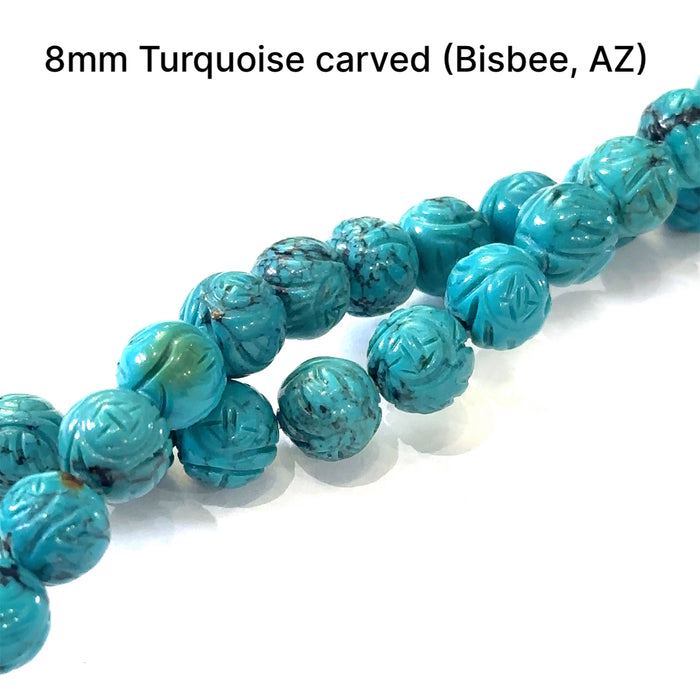 One 8mm Turquoise Carved round, 16'' gemstone strand (Bisbee, AZ)