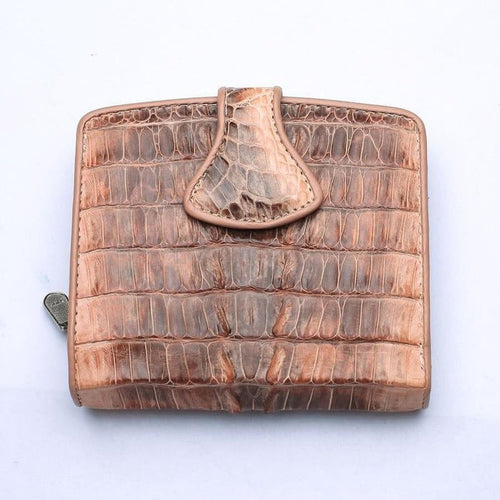 Front view of two-tone old rose genuine crocodile leather women's wallet with teardrop flap closure and side zipper
