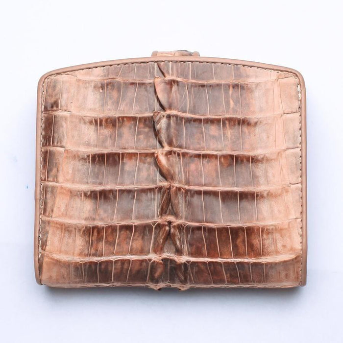 Back panel of old rose crocodile leather wallet showcasing natural scale pattern and hand-stitched edges