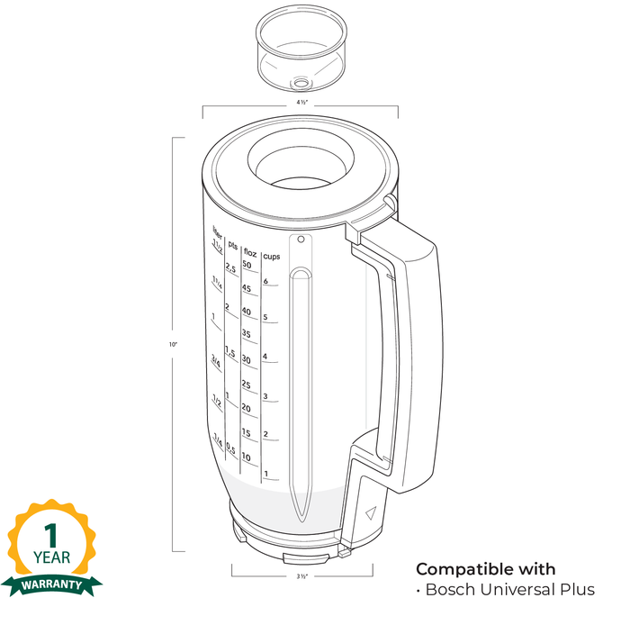 Technical diagram of a Bosch blender attachment with warranty information