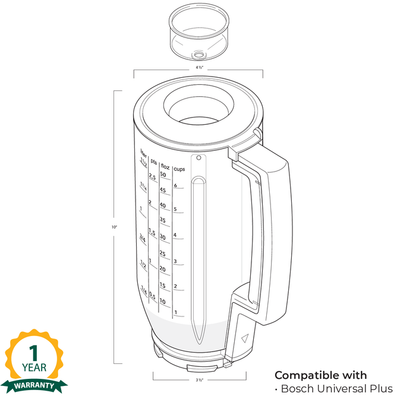 Technical diagram of a Bosch blender attachment with warranty information